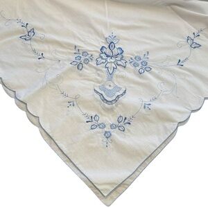 Vintage Blue Embroidered Tablecloth Large 68x84 Scalloped Cottagecore